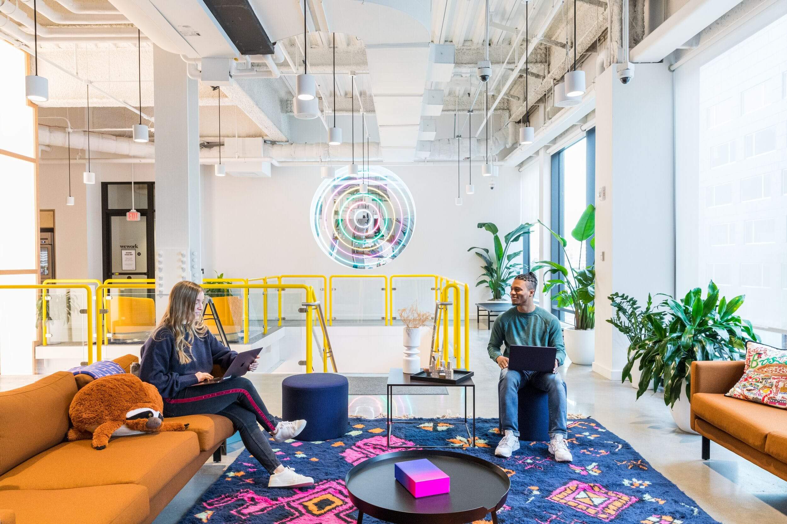 two employees in a laidback colorful office