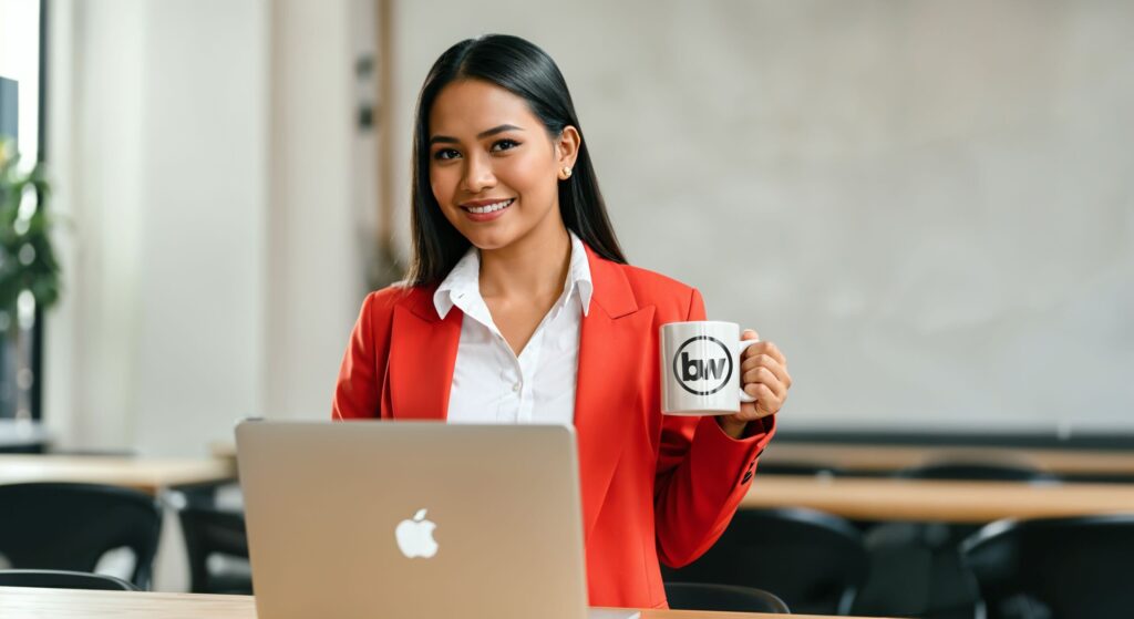 Professional in a red blazer seated at a laptop, raising a branded mug with a friendly smile in a bright workspace, BruntWork.