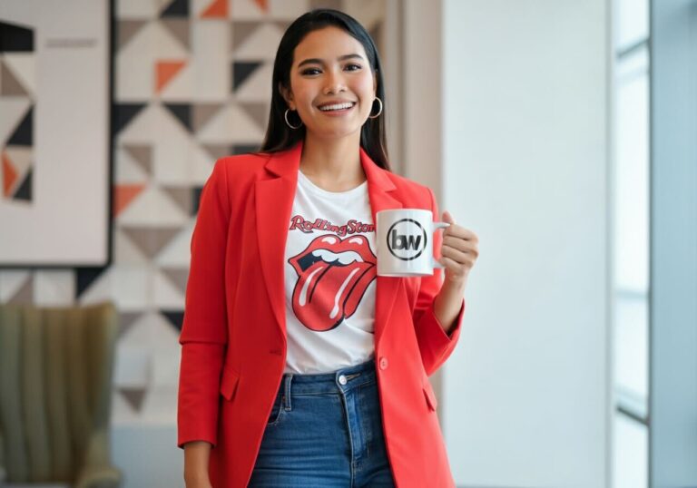 Woman in a red blazer and band T-shirt holding a branded mug in a bright modern office, projecting a friendly, approachable vibe.