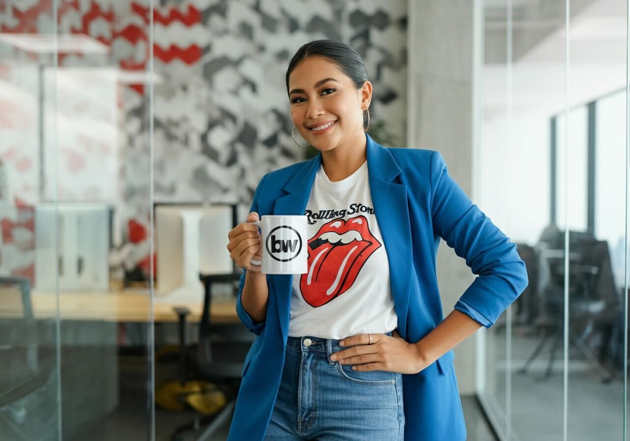 Smiling professional in a blue blazer and jeans holding a branded mug in a modern glass-walled office, wearing a Rolling Stones T-shirt—perfectly capturing the vibe of a social media virtual assistant.
