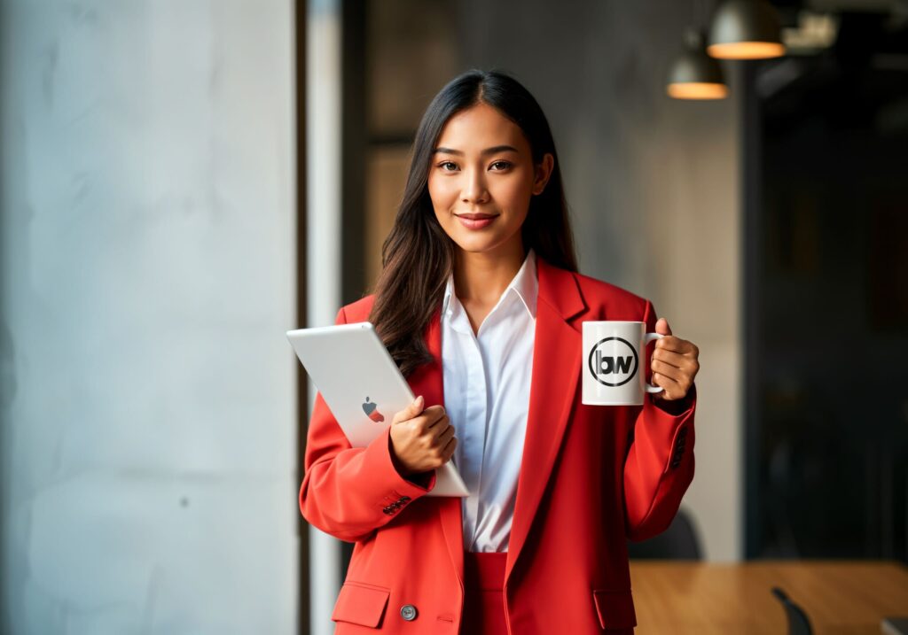 Woman in a red suit holding a tablet and branded mug in a modern office, smiling with poised confidence, BruntWork.