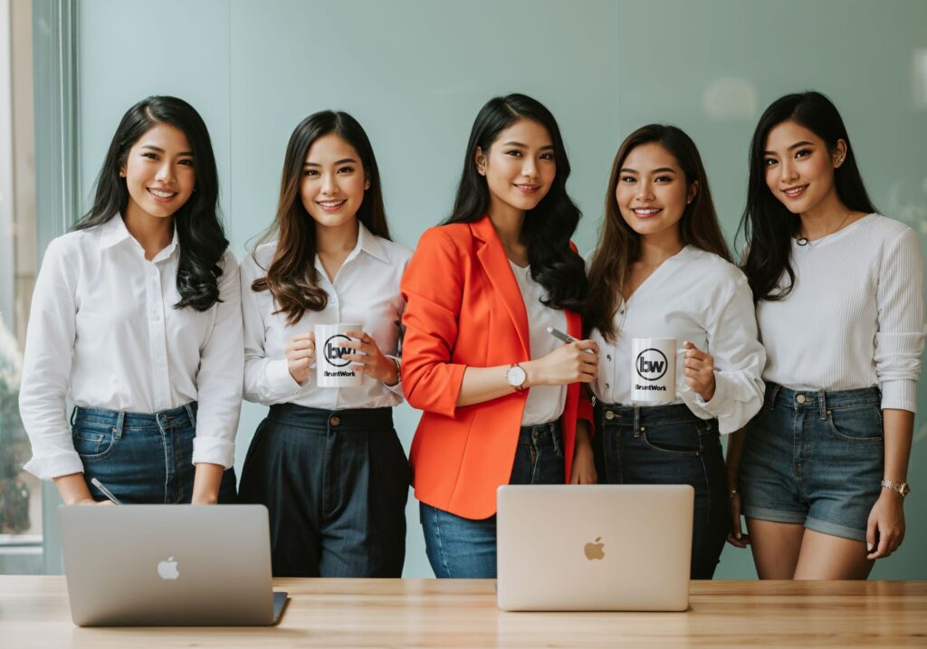 Five colleagues in smart-casual outfits gathered behind two open laptops, with branded mugs and notebooks, representing a collaborative team.