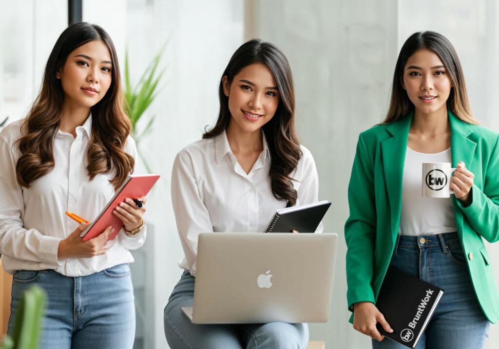 Three colleagues in white shirts and blazers gathered around a laptop with notebooks and a branded mug, presenting a collaborative team scene, BruntWork.