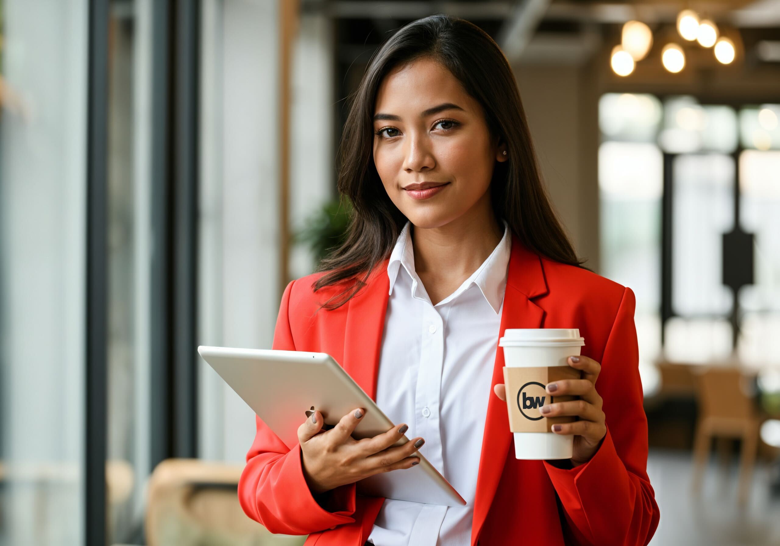Professional woman in a red blazer and white shirt standing in a bright modern office, holding a tablet and takeaway coffee cup with a confident expression, bruntwork careers.