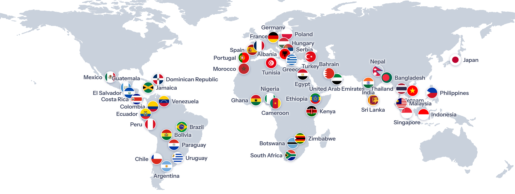Dotted world map of countries where BruntWork hires talent